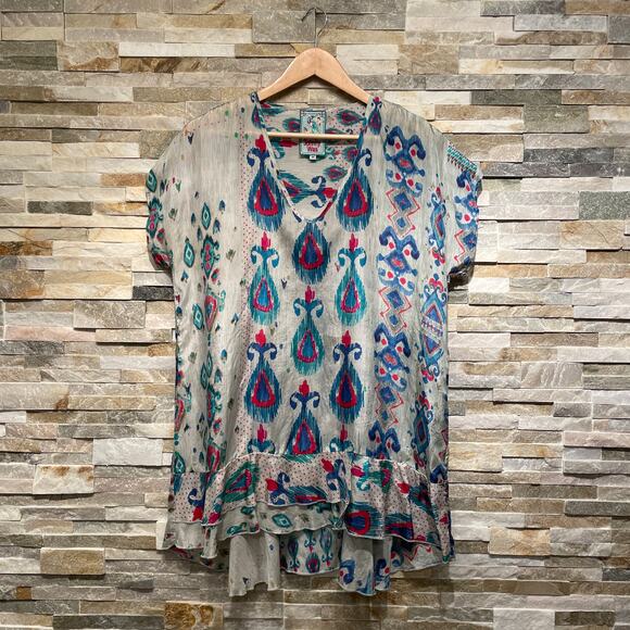 Johnny Was 100% Silk Tunic Top M | Ikat Print, Boho Resortwear, Made in India - Picture 3 of 7